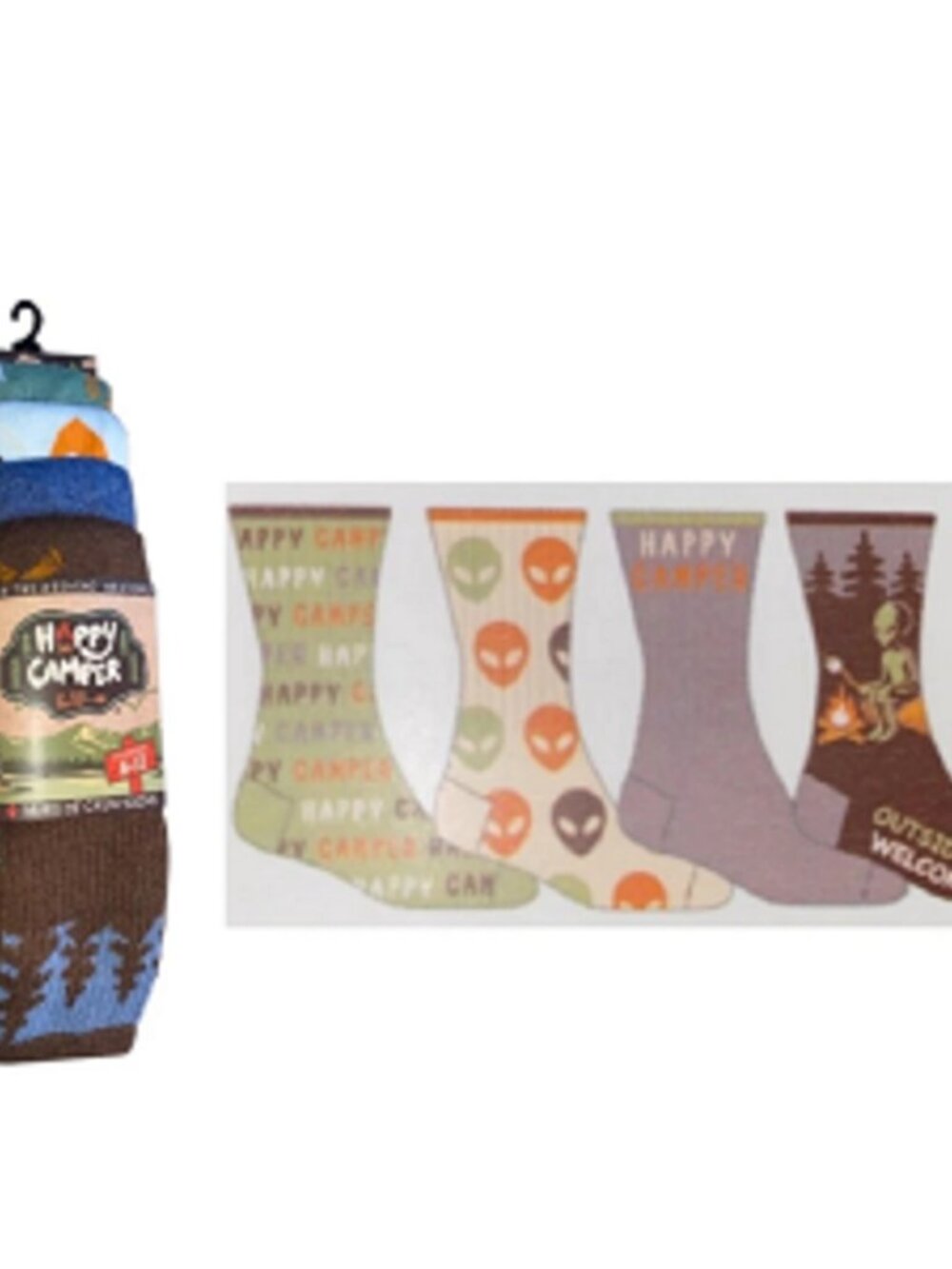 Happy Camper 4 Pair Aliens Theme Camping Theme Men's Novelty Crew Socks